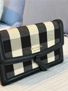 kate spade “Knott” Black and Cream Gingham Leather-Trim Crossbody